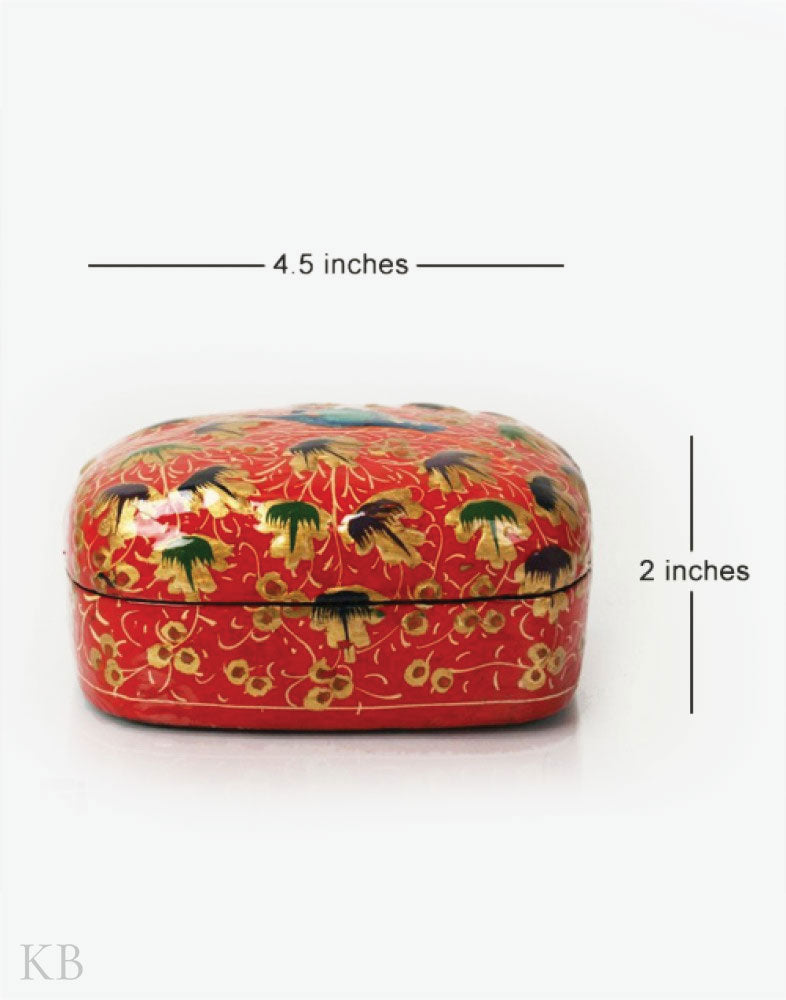 Crimson Red Bird Motif Paper Mache Trinket Box - Kashmir Box