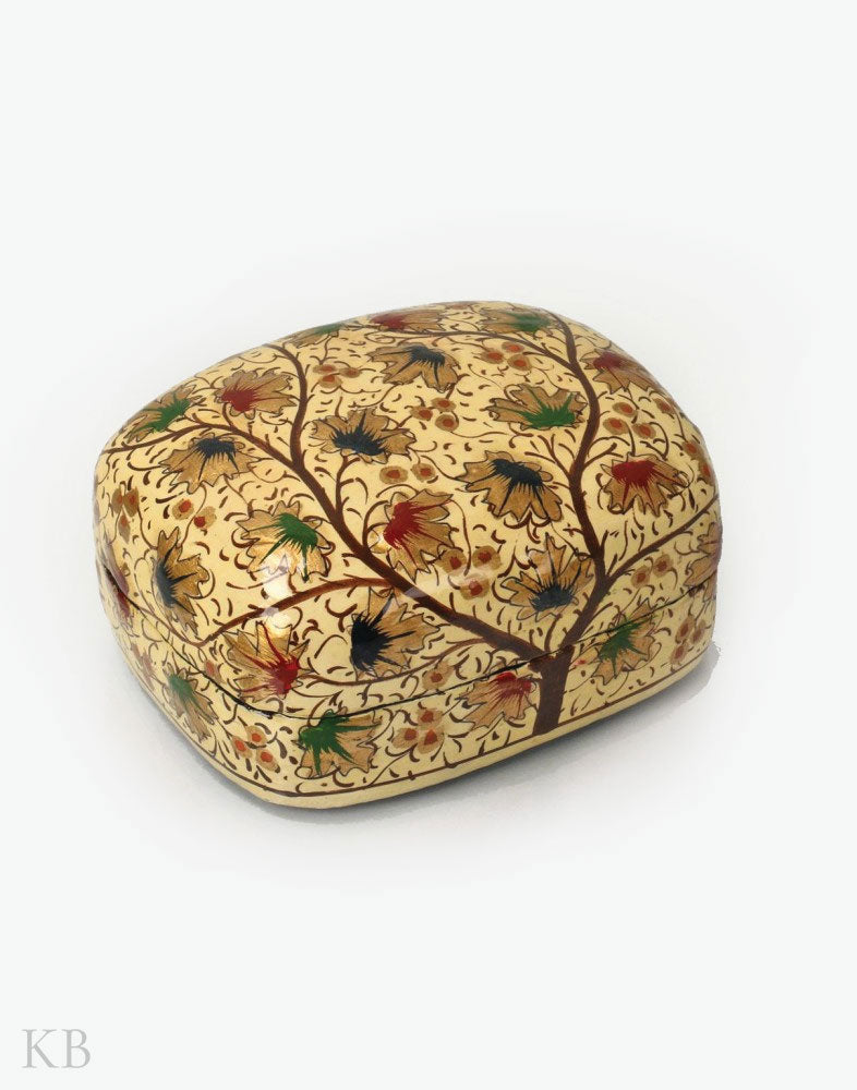 Eggshell White Chinar Tree Paper Mache Trinket Box - Kashmir Box