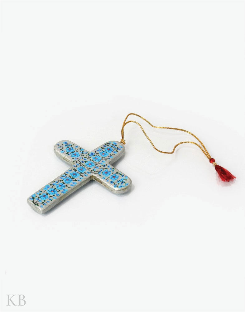 Blue Floret Paper Mache Latin Cross (Set of 4) - Kashmir Box