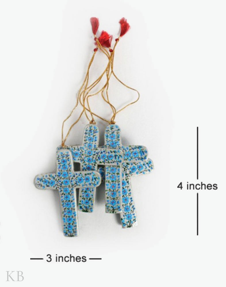 Blue Floret Paper Mache Latin Cross (Set of 4) - Kashmir Box