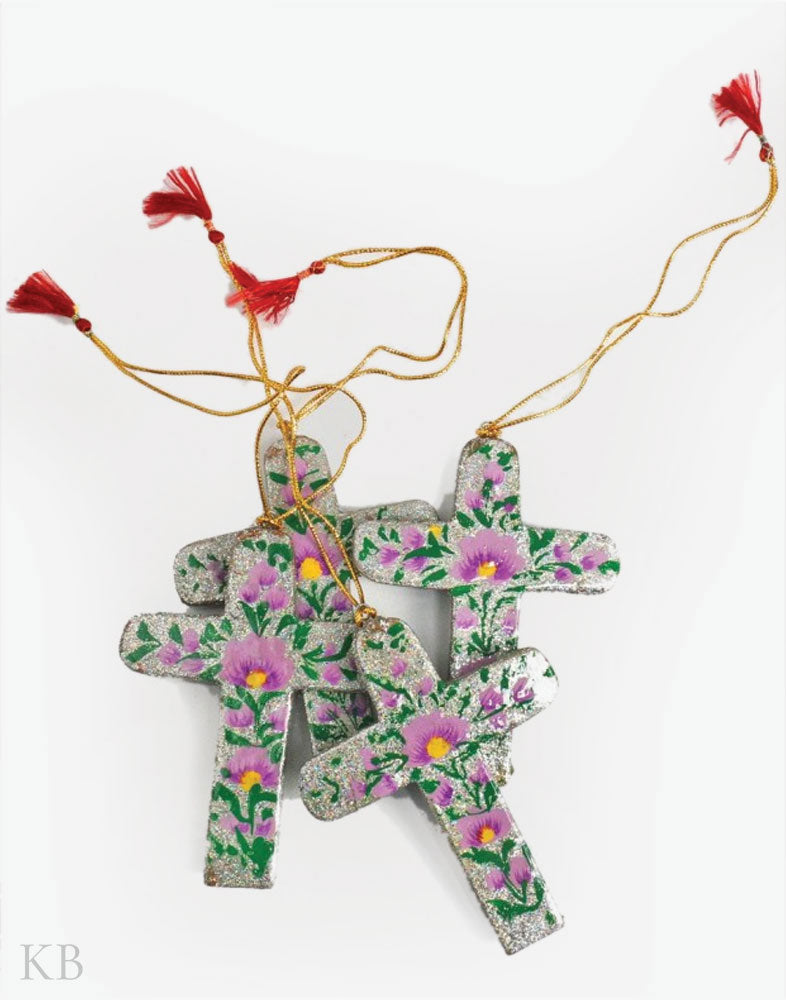 Glittery Silver Flowery Paper Mache Latin Cross (Set of 4) - Kashmir Box