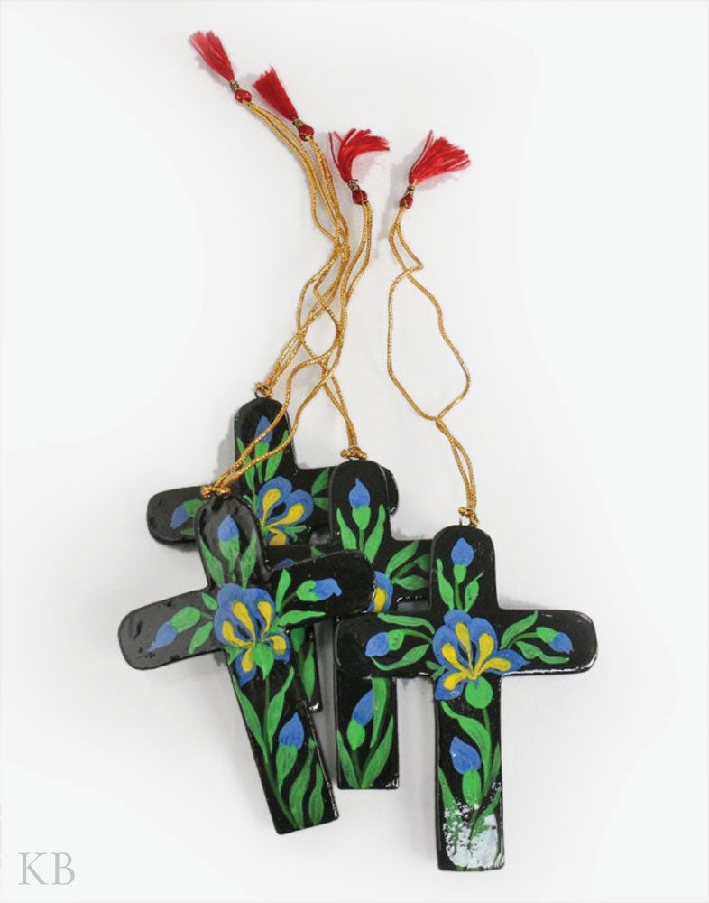 Black Flower Sprout Paper Mache Latin Cross Set of 4 - Kashmir Box