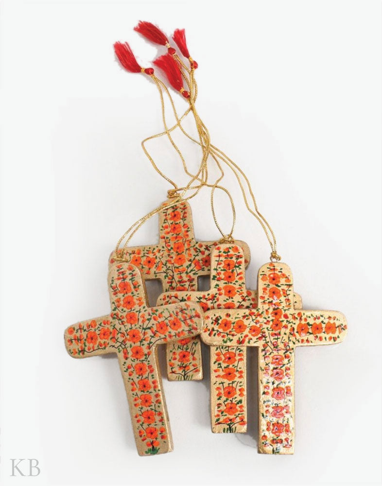 Orange Floret Paper Mache Latin Cross (Set of 4) - Kashmir Box