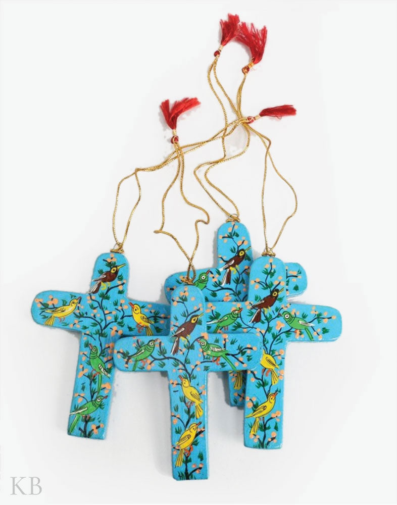 Sky Blue Bird Knot Paper Mache Latin Cross (Set of 4) - Kashmir Box