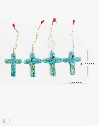 Sky Blue Bird Knot Paper Mache Latin Cross (Set of 4) - Kashmir Box