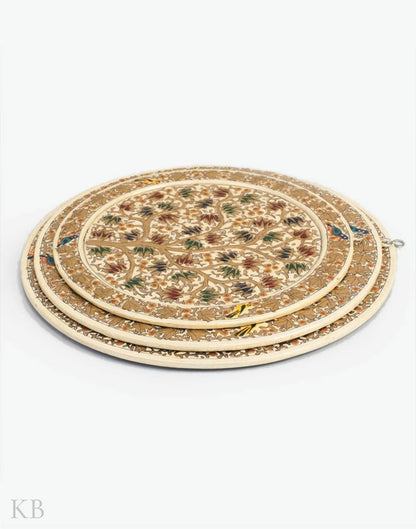 Cream White Chinar Handmade Paper Mache Wall Plates (Set of 3) - Kashmir Box