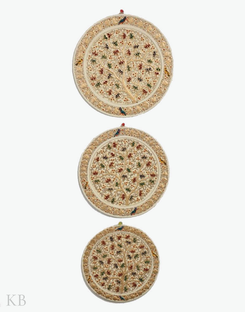 Cream White Chinar Handmade Paper Mache Wall Plates (Set of 3) - Kashmir Box