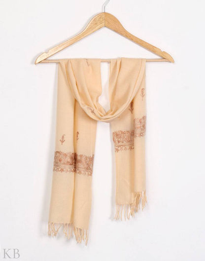 Creamy Aari Embroidered Unisex Woolen Scarf - Kashmir Box