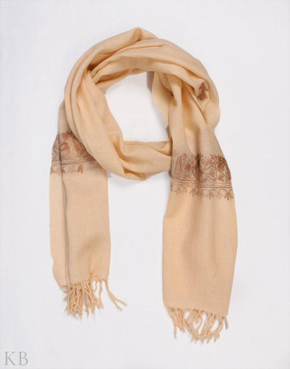 Creamy Aari Embroidered Unisex Woolen Scarf - Kashmir Box