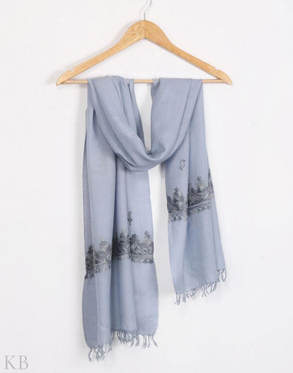 Stone Blue Aari Embroidered Unisex Woolen Scarf - Kashmir Box