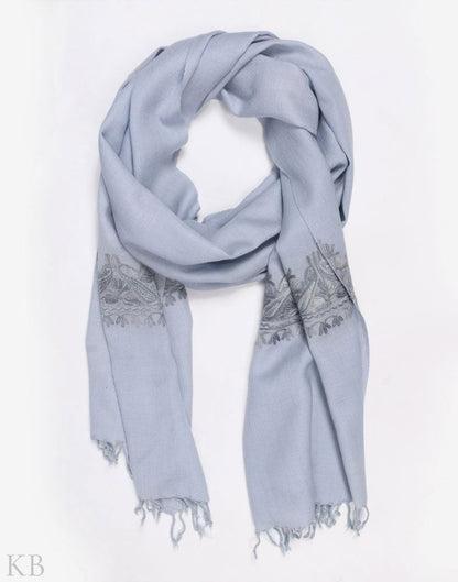 Stone Blue Aari Embroidered Unisex Woolen Scarf - Kashmir Box