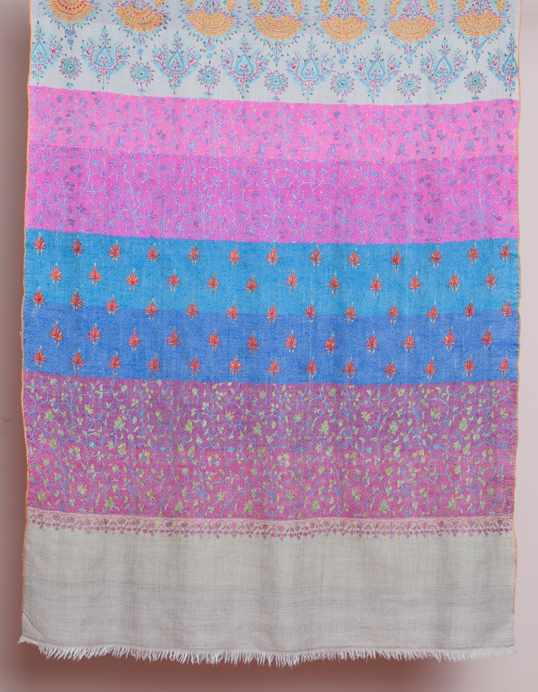 Modern Stripes Handwoven Multicolour Sozni Embroidered Cashmere Pashmina Stole